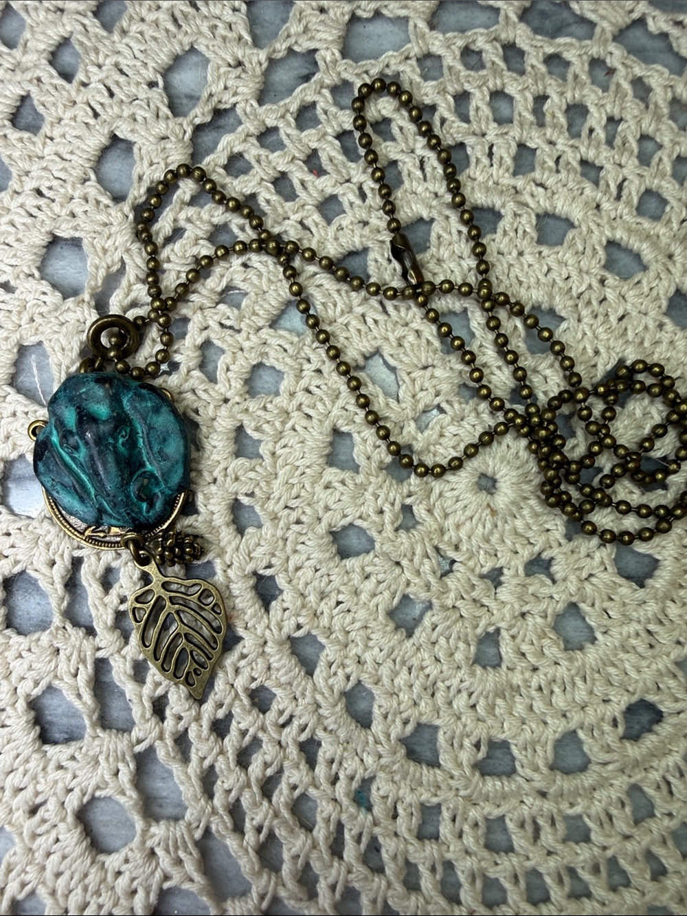 Antique Brass Leaf Pendant 26” Necklace with Teal Patina Disc - Women Jewelry